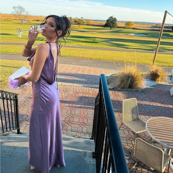 open lace back dress Asymmetrical Spaghetti Straps Lilac Prom Dress with Ruffle Side